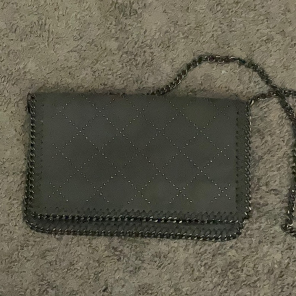 Gray Crossbody Bag with Chain Strap and Decorative Stitching Vegan “leather”
